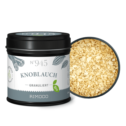 Bio Knoblauch Granulat, geöffnete Dose mit sichtbarem Granulat.