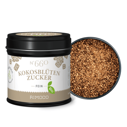 Offene schwarze Dose mit feinem, karamellfarbenem Bio Kokosblütenzucker.