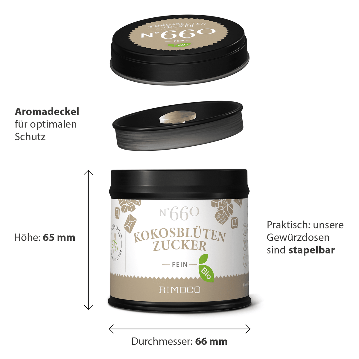 Runde Dose Bio Kokosblütenzucker mit schwarzem Deckel, einmal geöffnet und einmal geschlossen.