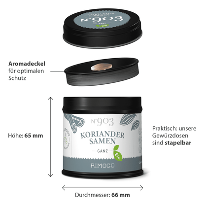 Runde schwarze Dose mit Aufschrift Bio Koriandersamen.