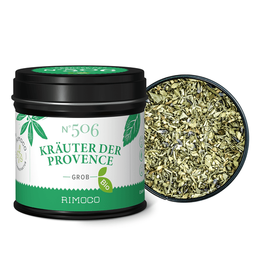 Bio Kräuter der Provence, Dose mit geöffnetem Deckel und getrockneten Kräutern sichtbar.