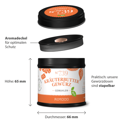 Bio Kräuterbutter Gewürz in schwarzer, runder Dose mit orangem Etikett; stapelbar.
