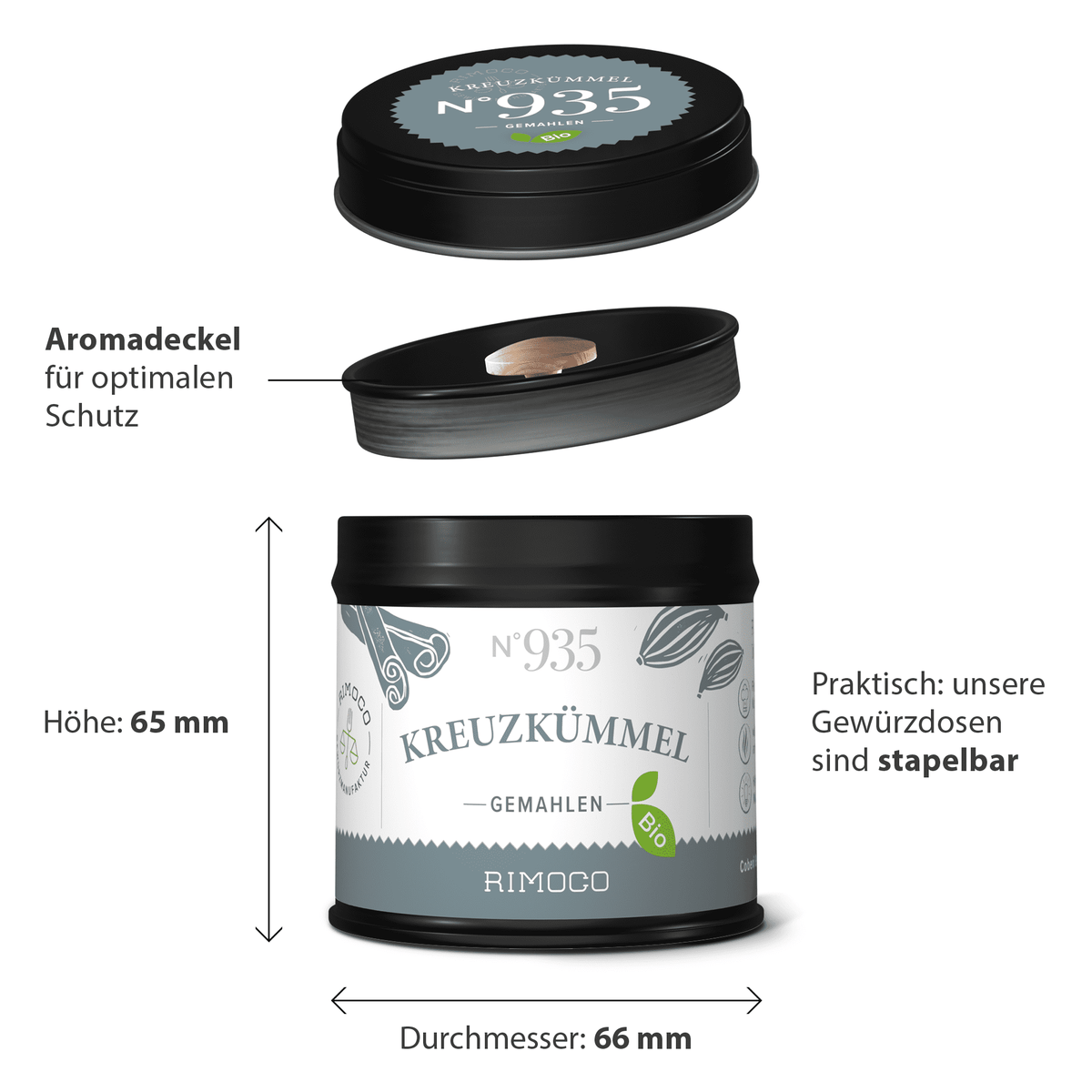 Eine beschriftete Skizze der Gewürzdose "Bio Kreuzkümmel gemahlen"
