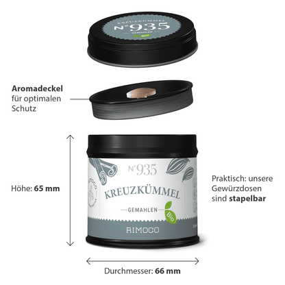 Eine beschriftete Skizze der Gewürzdose "Bio Kreuzkümmel gemahlen"