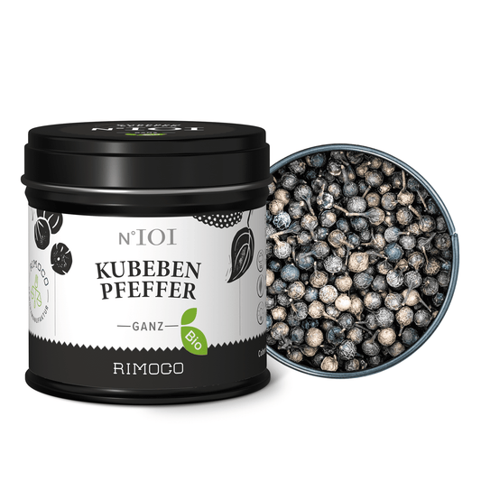 Bio Kubebenpfeffer-Dose mit sichtbaren ganzen Pfefferkörnern.