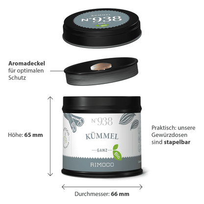 Schwarze, runde Dose mit Aufschrift Bio Kümmel ganz und abnehmbarem Deckel.