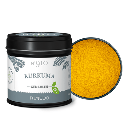 Offene Dose Bio Kurkuma mit leuchtend gelbem, gemahlenem Kurkuma sichtbar.