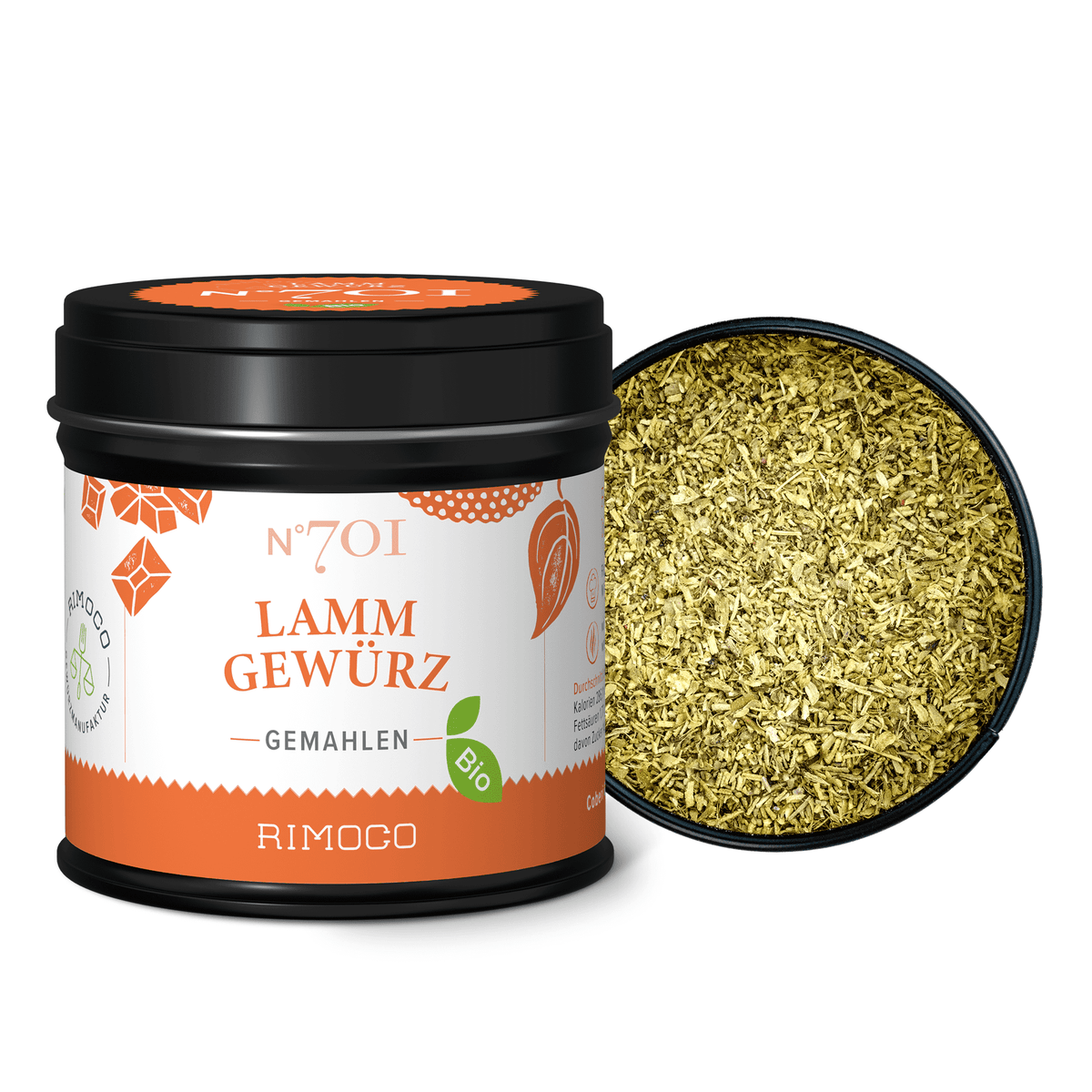Dose Bio Lammgewürz N°701, daneben eine geöffnete Dose mit der kräuterigen Mischung.
