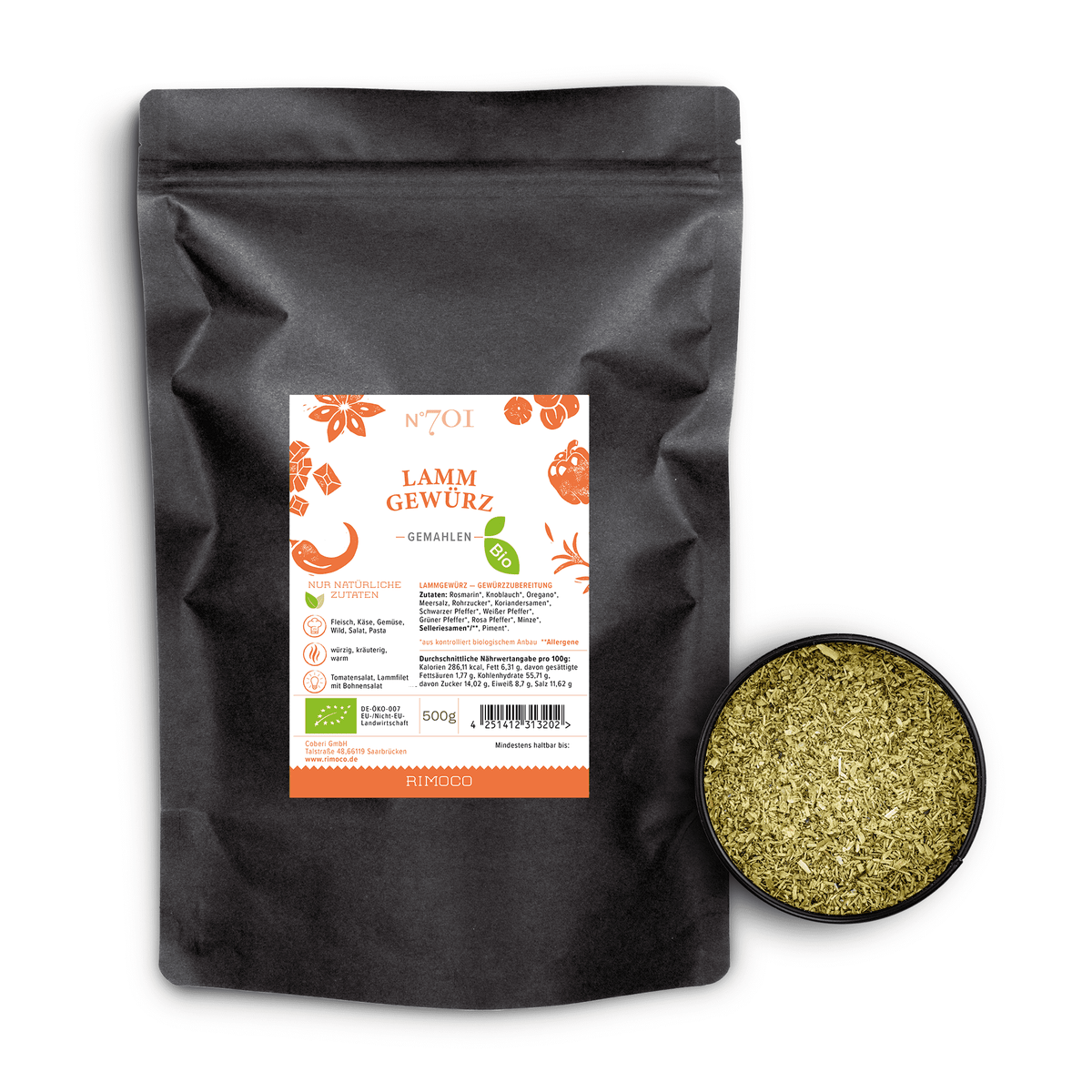 Bio Lammgewürz neben einer Schale mit grünlicher Rosmarin-Oregano-Mischung.