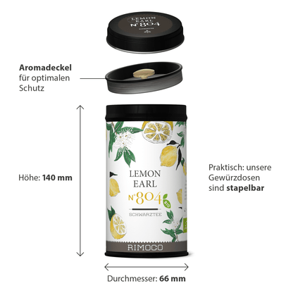 Schwarz-weiße Teedose mit Aufschrift Bio Schwarztee Lemon Earl, verziert mit Zitronen und Bergamotte.