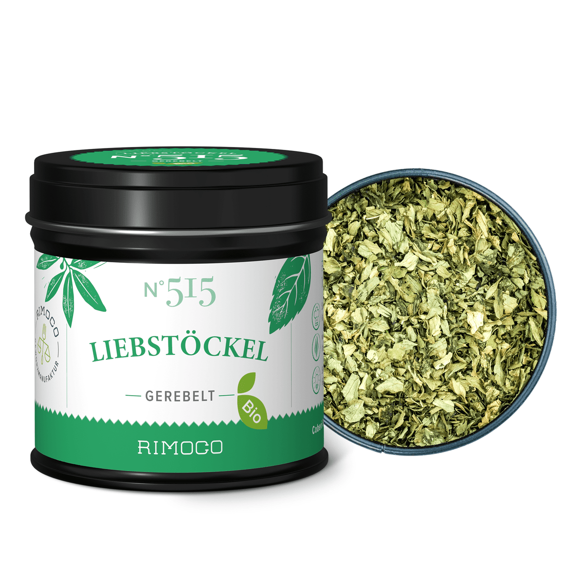 Bio Liebstöckel gerebelt Dose mit losen, getrockneten Liebstöckelblättern daneben.