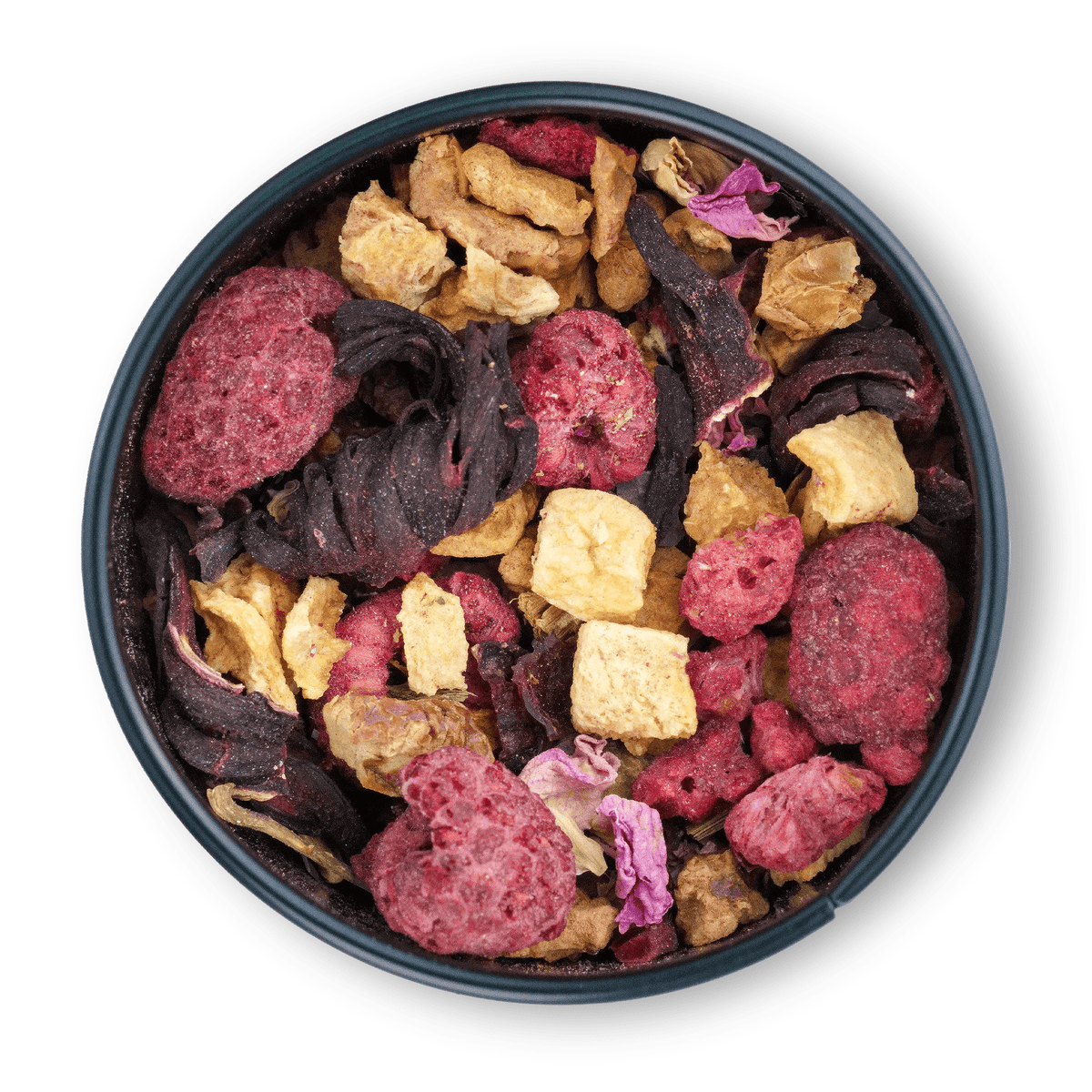 Schale mit gemischten getrockneten Früchten und Blütenblättern.