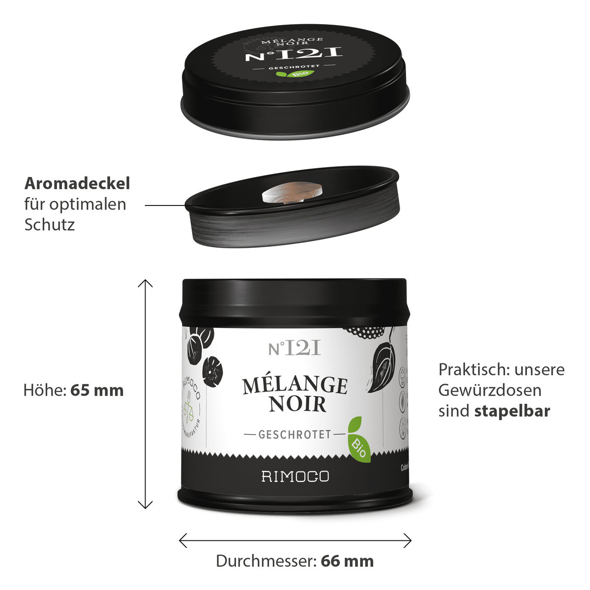 Bio Mélange Noir Gewürzdose, schwarz, mit Tellicherry Pfeffer und stapelbarem Deckel.