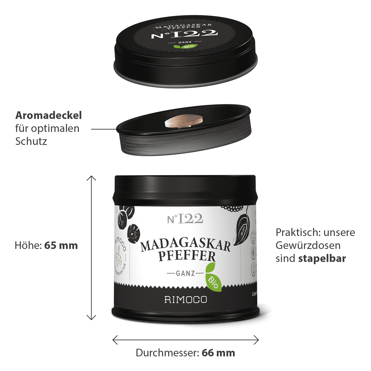 Bio Madagaskar Pfeffer Dose mit stapelbarem Deckel, Voatsiperifery Details sichtbar.