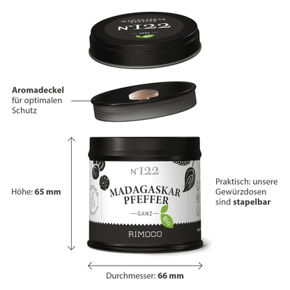 Bio Madagaskar Pfeffer Dose mit stapelbarem Deckel, Voatsiperifery Details sichtbar.