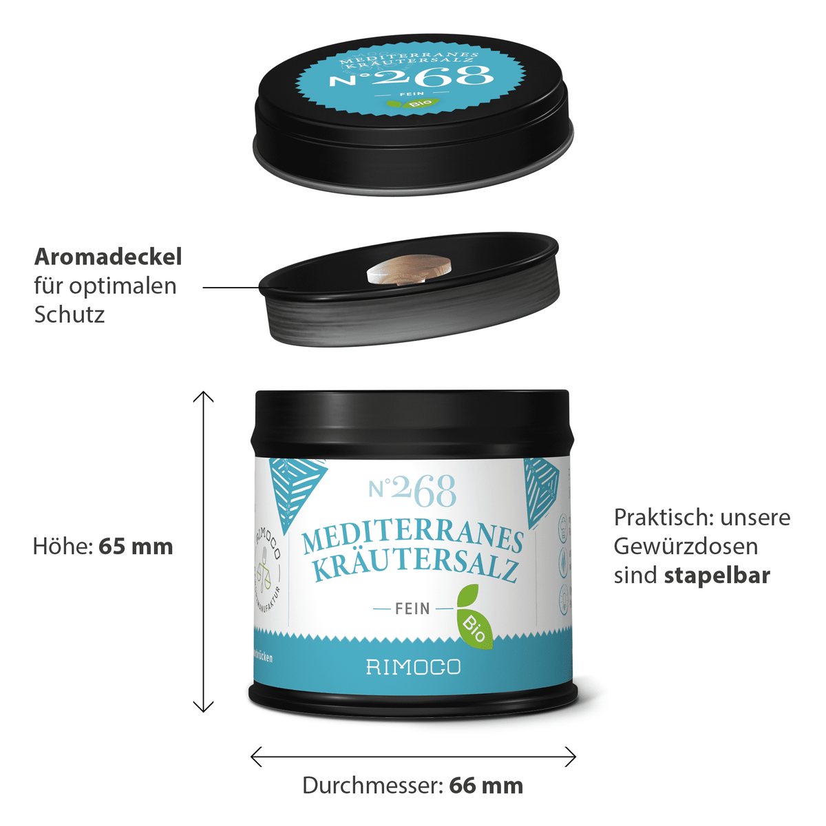 Bio Mediterranes Kräutersalz, runde Dose mit schwarzem Deckel, deutsches Etikett, Vorderseite sichtbar.