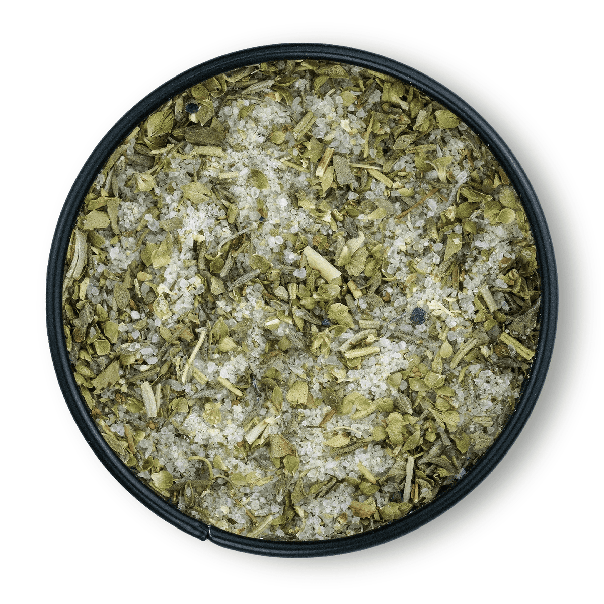 Rundes schwarzes Gefäß mit Bio Mediterranes Kräutersalz, von oben sichtbar.
