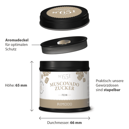 Schwarze Dose Muscovado Zucker mit festem Deckel, deutsche Aufschrift mit Details und Maßen.