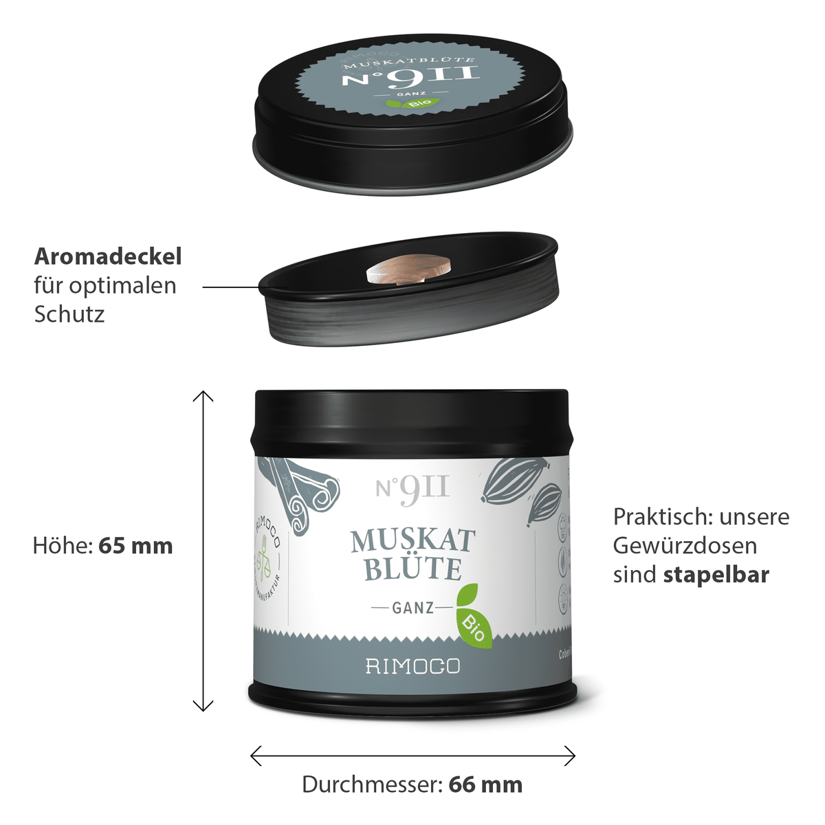 Runde Dose mit Aufdruck Bio Muskatblüte ganz und schwarzem Deckel.