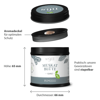 Runde Dose mit Aufdruck Bio Muskatblüte ganz und schwarzem Deckel.