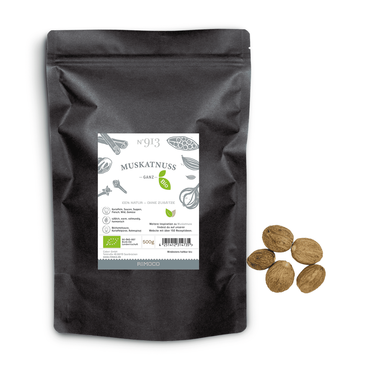 Bio Muskatnuss ganz Packung mit sechs ganzen Muskatnüssen.