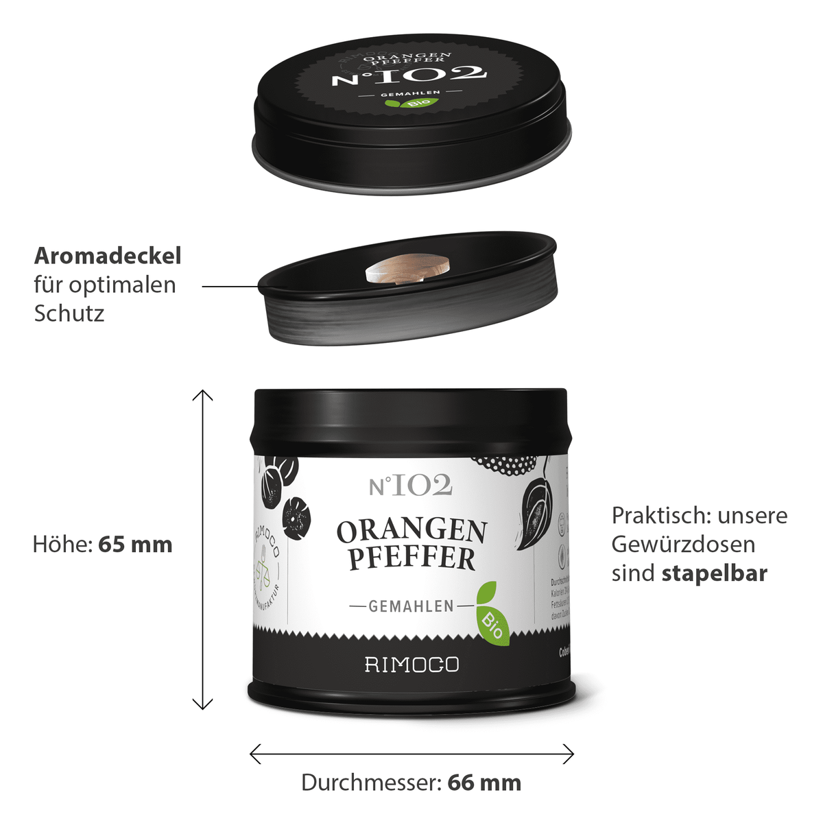 Bio Orangenpfeffer in schwarzer Dose mit deutscher Beschriftung und Maßangaben.