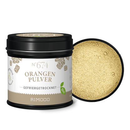 Offene schwarze Dose mit Bio Orangenpulver, innen leuchtendes orangefarbenes Pulver sichtbar.