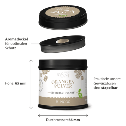 Dose Bio Orangenpulver in Schwarz-Beige mit Aromadeckel und Mess-Skala.