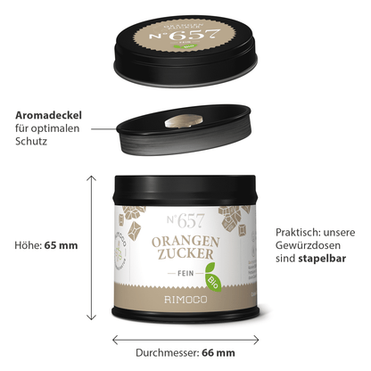 Bio Orangenzucker in schwarzer und beiger Dose mit abnehmbarem Deckel und stapelbarem Design.