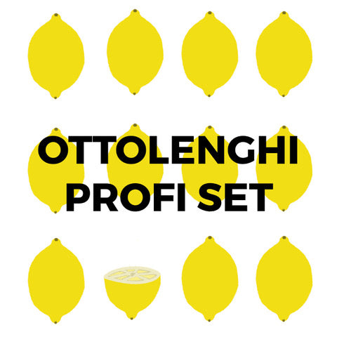 Illustration von Zitronen, mittig Schriftzug Ottolenghi Profi-Set und Isot Biber.