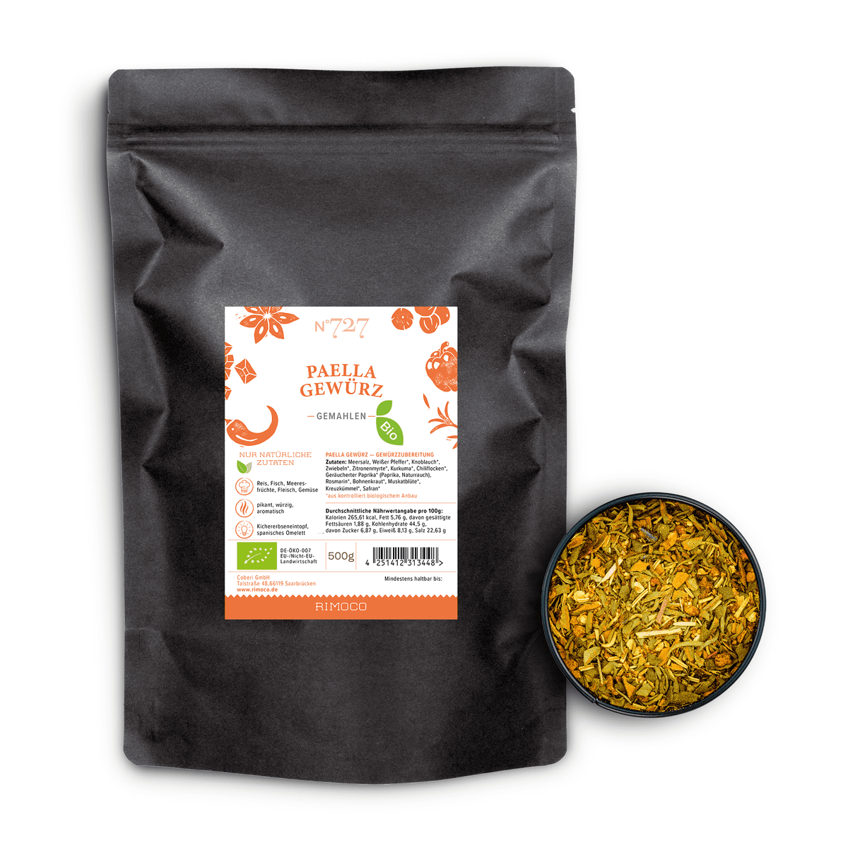 Schwarzer Beutel Bio Paella Gewürz mit Etikett neben einer kleinen Schale mit Gewürzmischung.