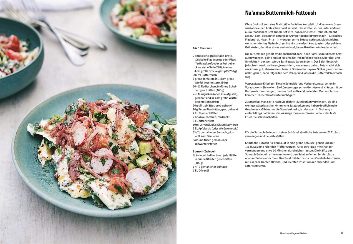 Grüner Teller mit Buttermilch-Fattoush, Radieschen und knusprigem Pita. Geschenkset Palästina sichtbar.
