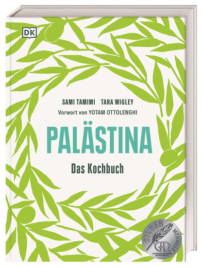 Geschenkset Palästina Buchcover mit grünen Olivenzweigen und silbernem Auszeichnungsabzeichen.