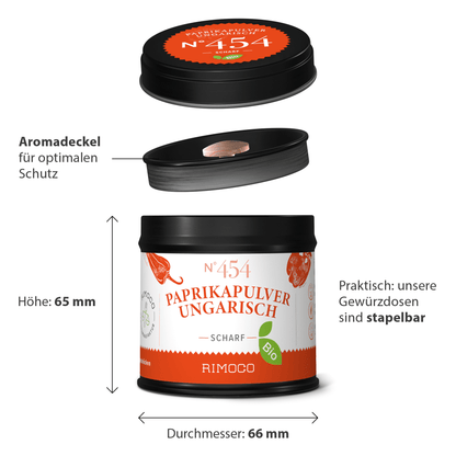 Runde schwarze Dose mit Aufschrift Bio Paprikapulver ungarisch scharf.
