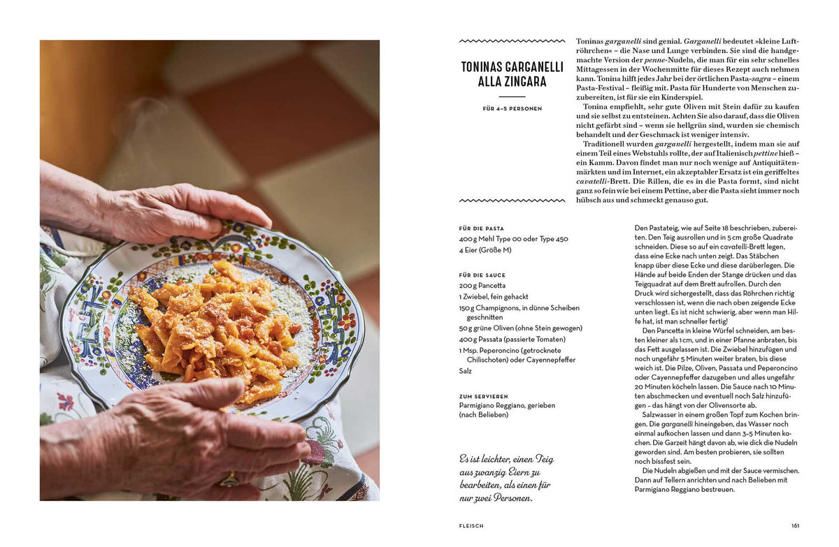 Hände halten einen Teller mit Pasta, Sauce und geriebenem Käse.