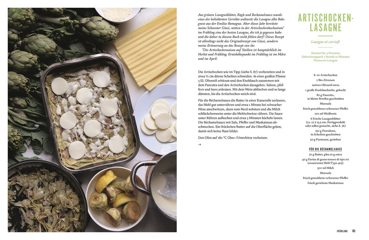 Pasta & Verdura Kochbuch mit Foto einer Artischocken-Lasagne auf dem Cover, italienische Küche.