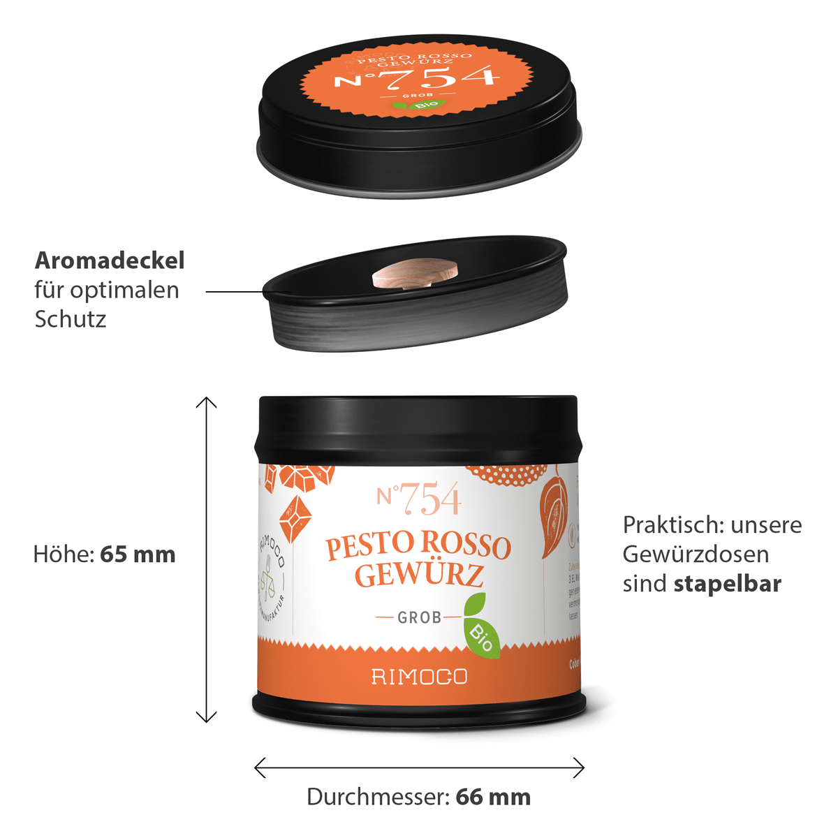 Bio Pesto Rosso in runder stapelbarer Dose mit schwarzem Deckel und orange-weißem Etikett.