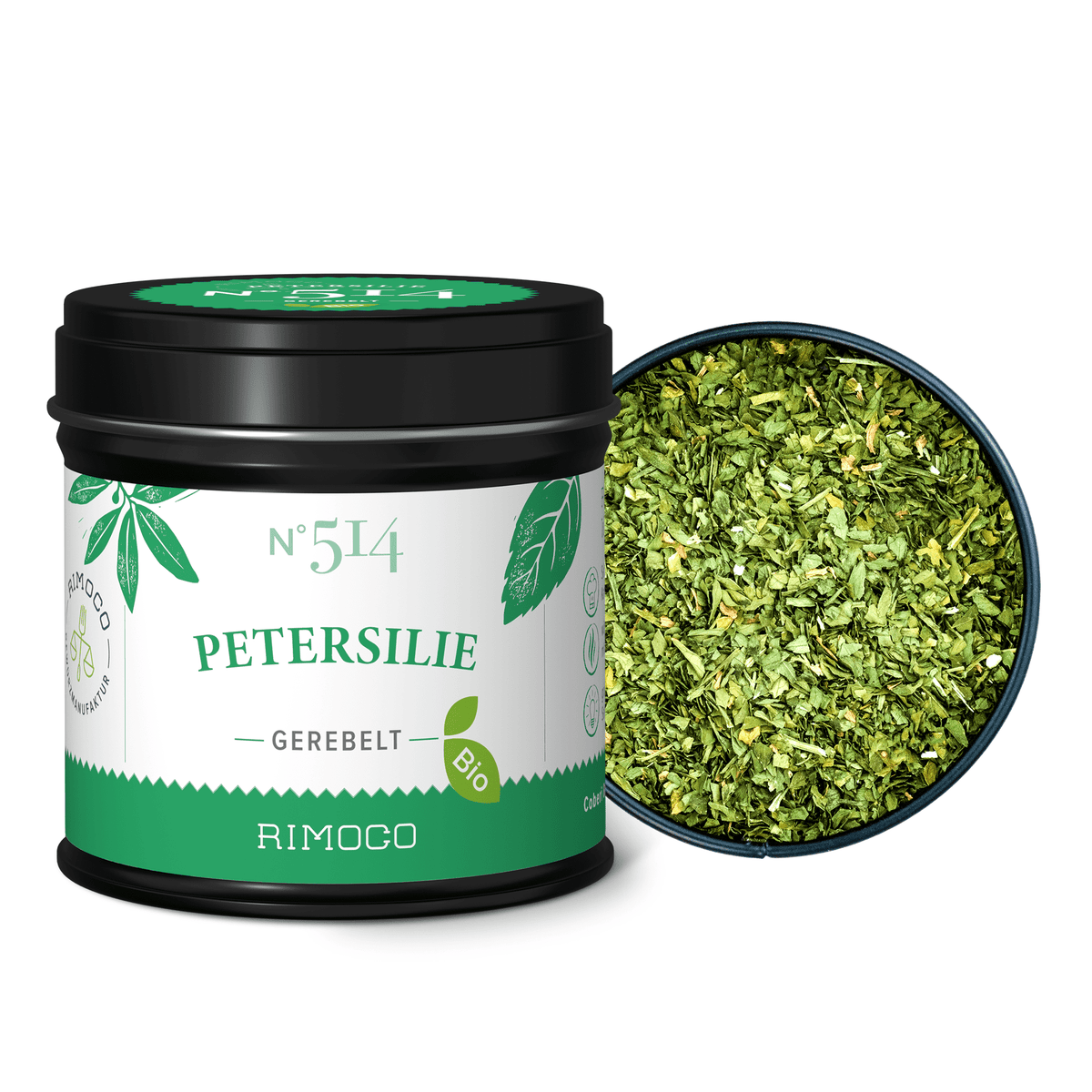 Eine offene und eine geschlossene Dosis Bio Petersilie getrocknet, Aufschrift für Grüne Sauce sichtbar.