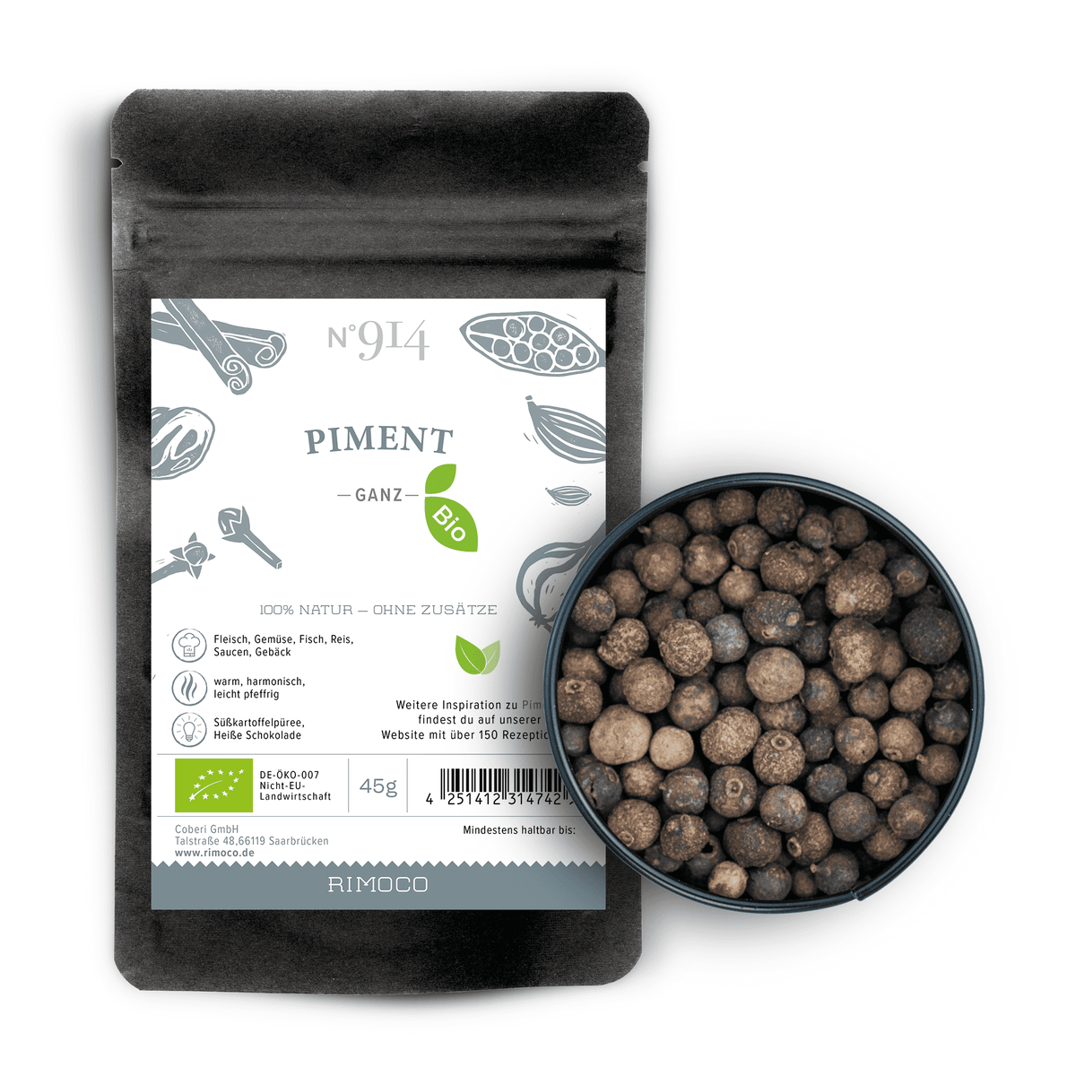 Bio Piment im Beutel mit Bio- und Natur-Siegeln, daneben eine Schale mit gemahlenem Piment.