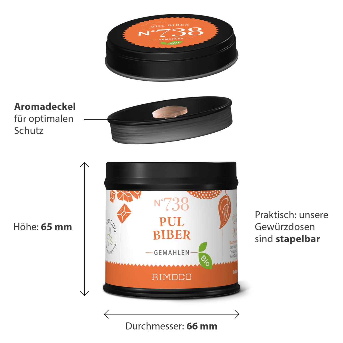 Runde Dose mit Aufschrift Bio Pul Biber, stapelbarem schwarzem Deckel und mm-Angaben.