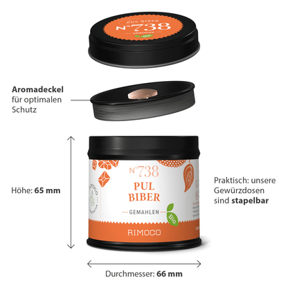 Runde Dose mit Aufschrift Bio Pul Biber, stapelbarem schwarzem Deckel und mm-Angaben.