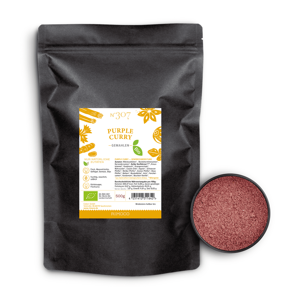 Bio Purple Curry in schwarzer Tüte mit einer kleinen Schale orientalischer Gewürze daneben.