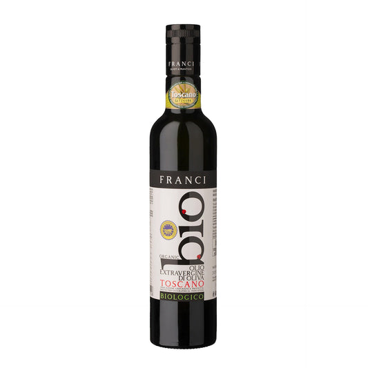 Bio Olivenöl aus der Toskana, Flasche mit BIOLOGICO-Etikett, Frantoio Oliven abgebildet.