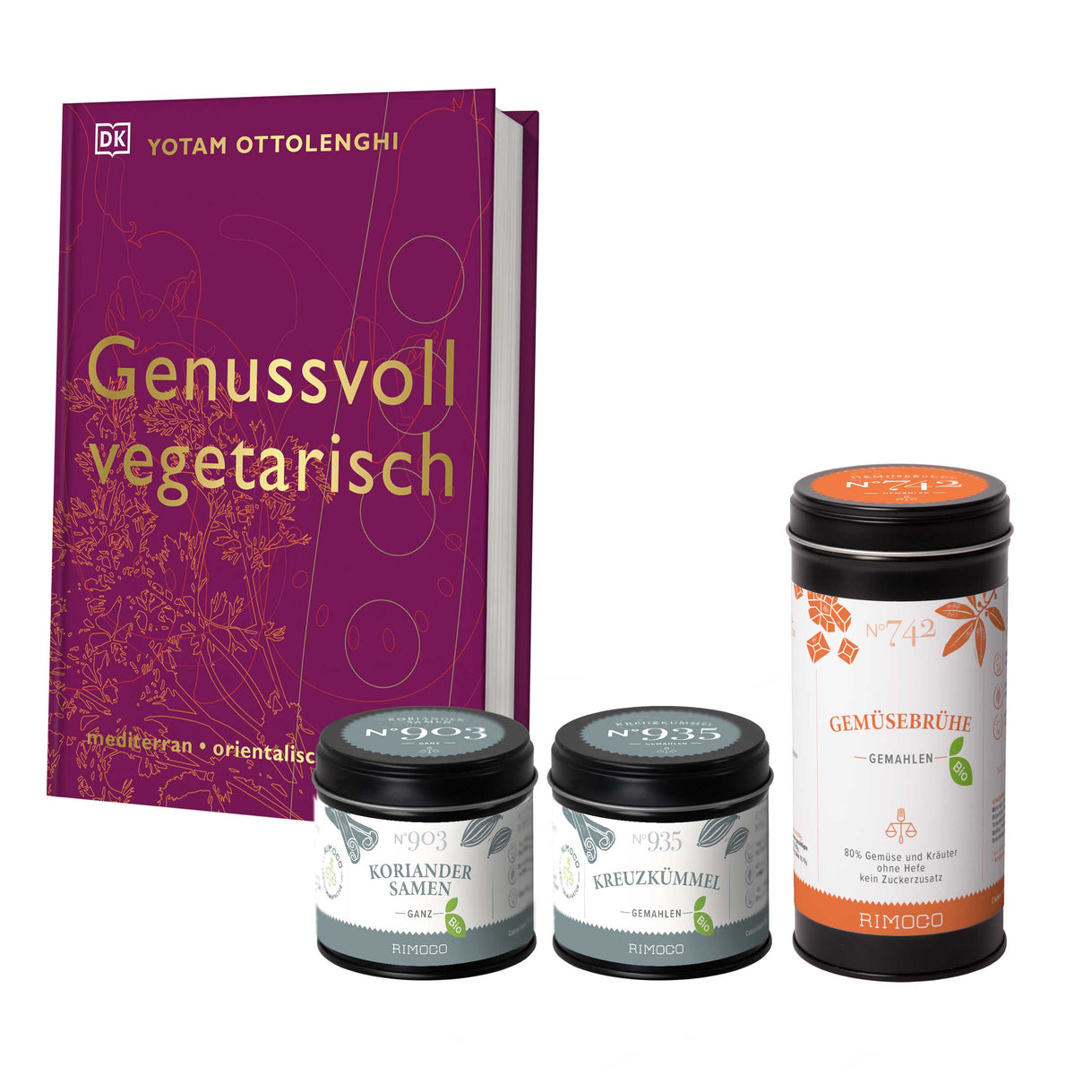 Kochbuch Ottolenghi Genussvoll vegetarisch mit drei Gewürzdosen vorne im Bild.