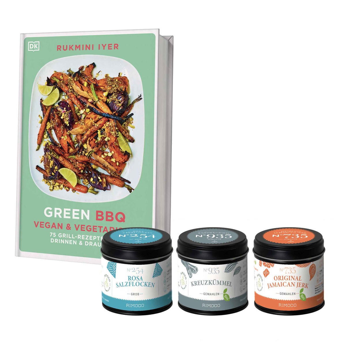 Ein Geschenkset Green BBQ neben drei kleinen Gläsern Bio Jamaican Jerk Gewürz.