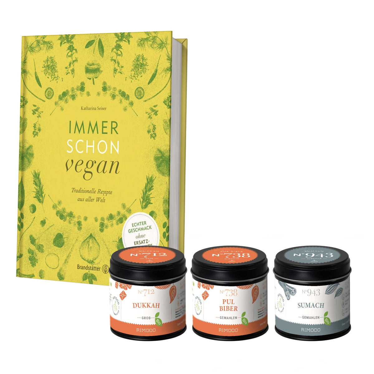 Geschenkset Immer schon vegan mit veganem Kochbuch und Gläsern mit grobem Bio Dukkah-Gewürz.