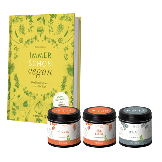 Geschenkset Immer schon vegan mit veganem Kochbuch und Gläsern mit grobem Bio Dukkah-Gewürz.