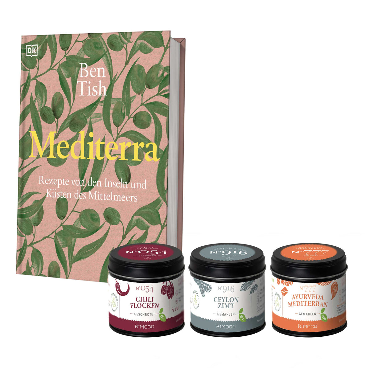 Geschenkset Mediterra mit drei Gewürzen: Bio Chiliflocken, Ceylon-Zimt, Ayurveda-Mischung.