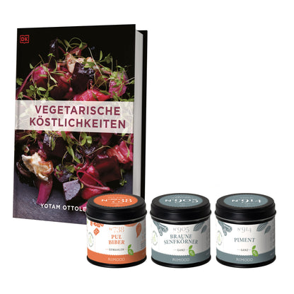 Geschenkset Vegetarische Köstlichkeiten mit Gläsern Bio Pul Biber und Bio Senfkörner braun.