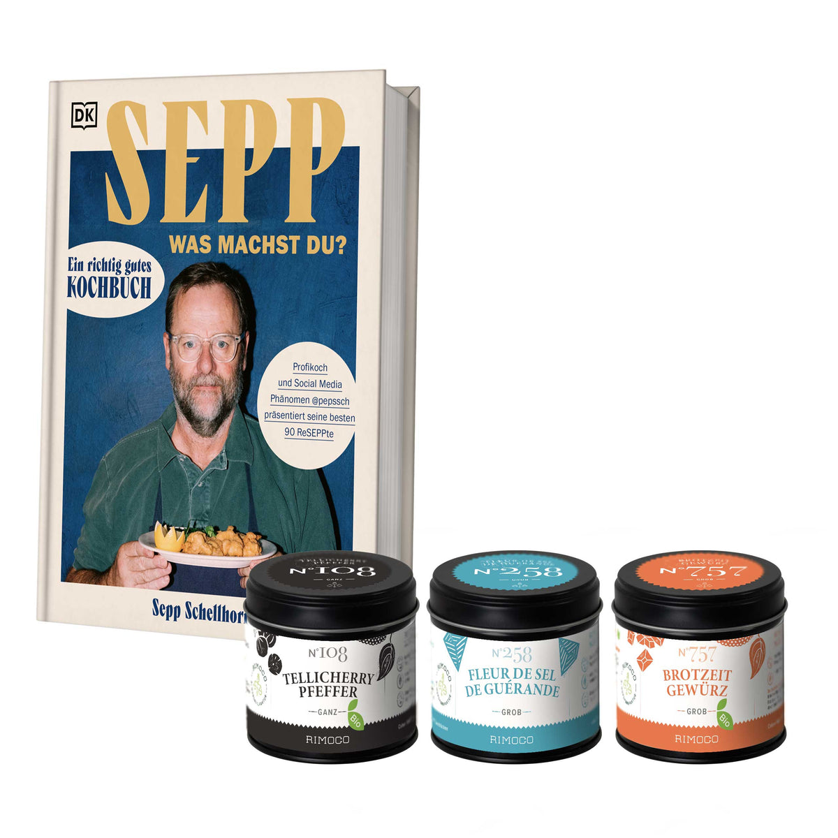 Geschenkset Sepp, was machst du? mit drei sichtbaren Gewürzen: Pfeffer, Salz, Brotzeit-Gewürz.